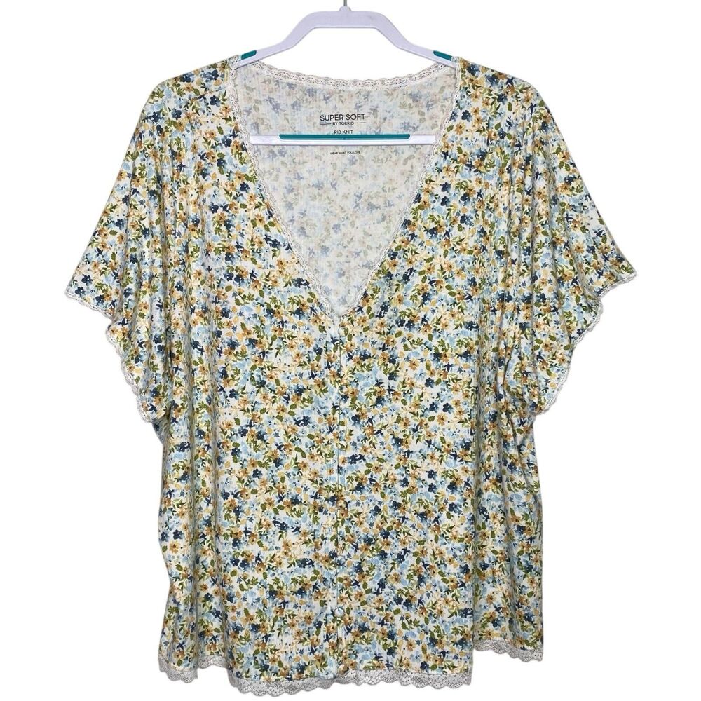 Torrid Shirt Womens 5X Floral Top Super Soft Rib Knit Button Front Short Sleeve